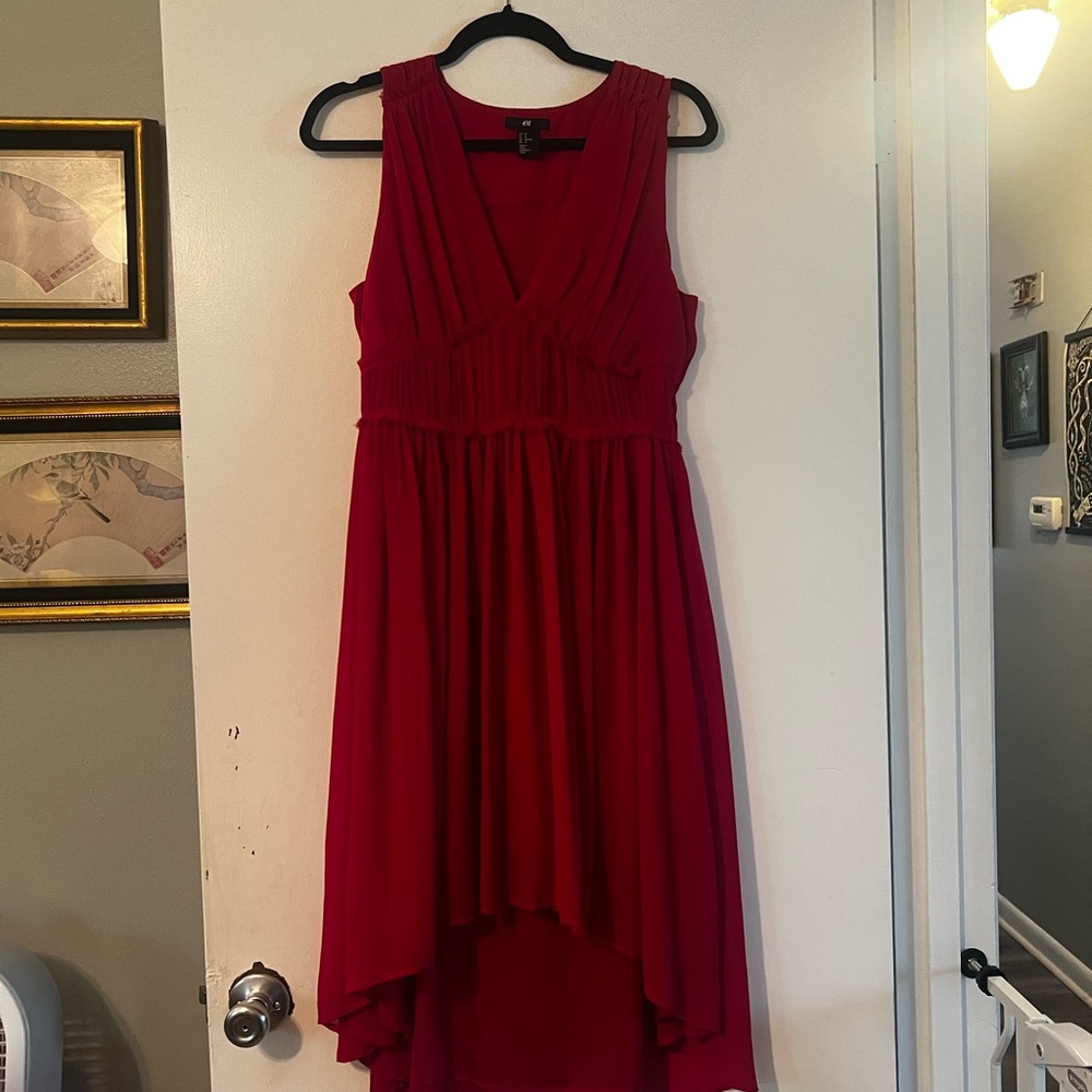 Red Asymmetrical High-Low Ruched, Cinched-waist dress